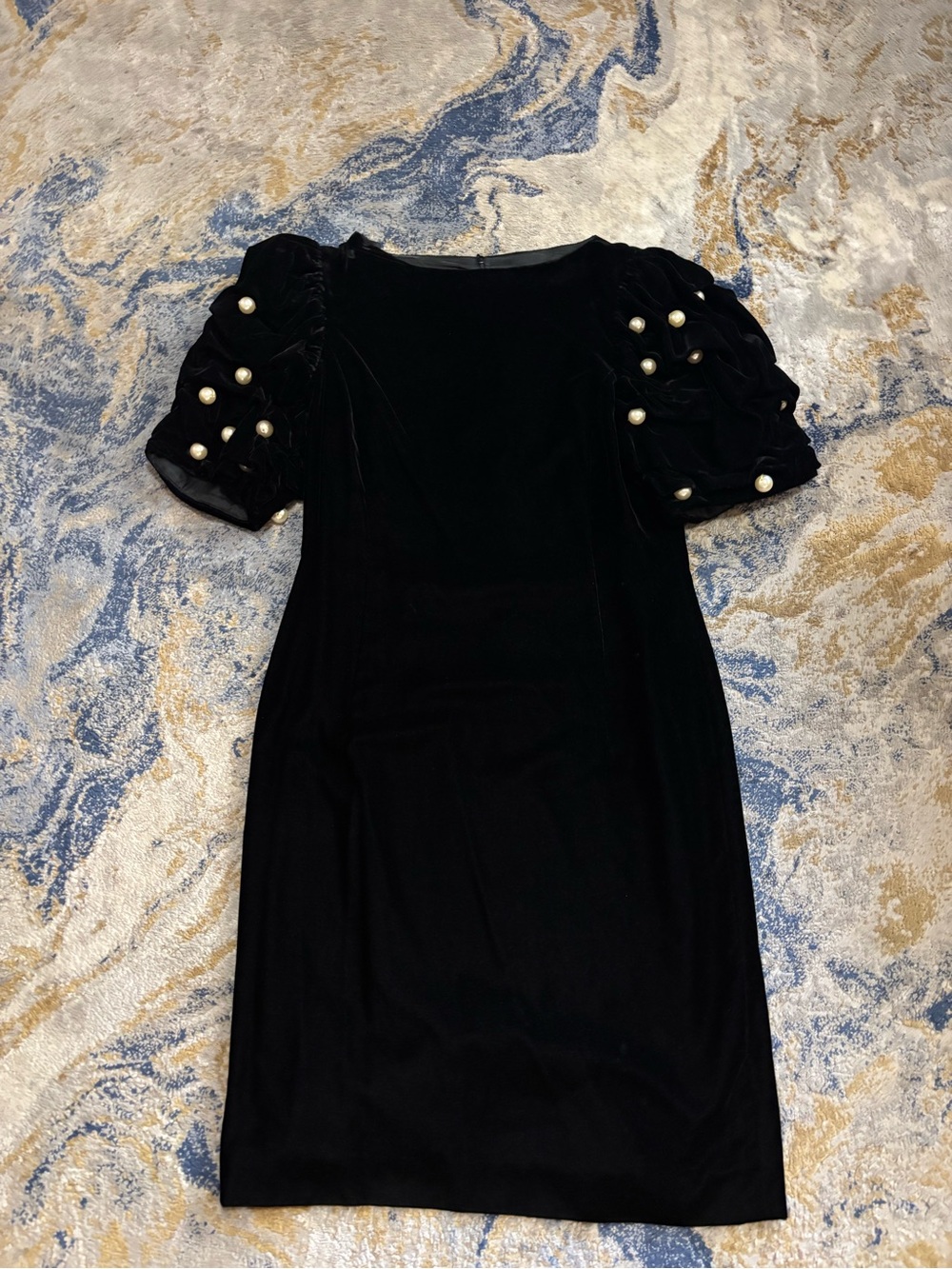 Louis Feraud Black Velvet Midi Dress with Pearl-Trimmed Puff Sleeves